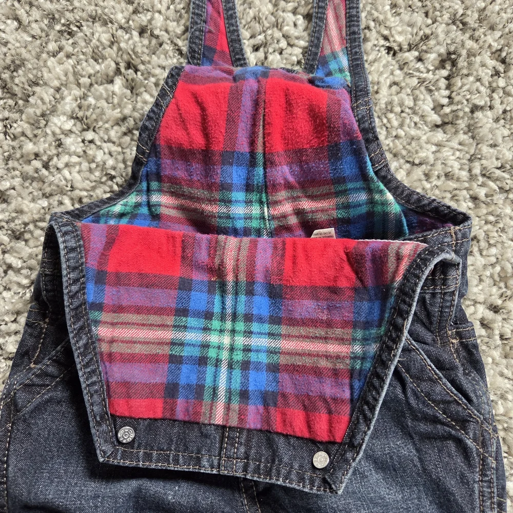 OshKosh B'gosh Denim Plaid Overalls One-Piece 18M Blue Red Green Button
